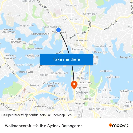 Wollstonecraft to ibis Sydney Barangaroo map