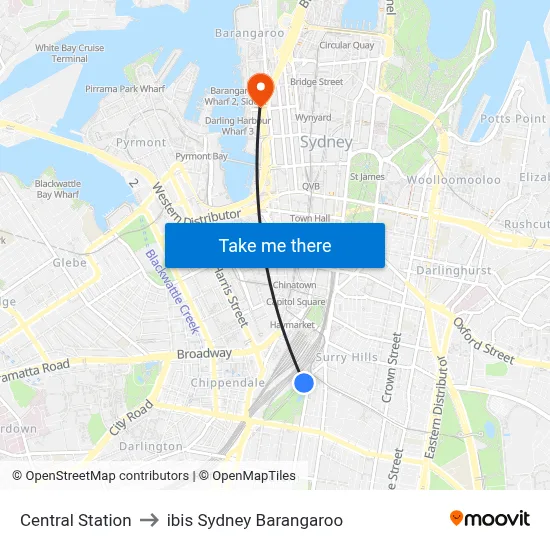 Central Station to ibis Sydney Barangaroo map