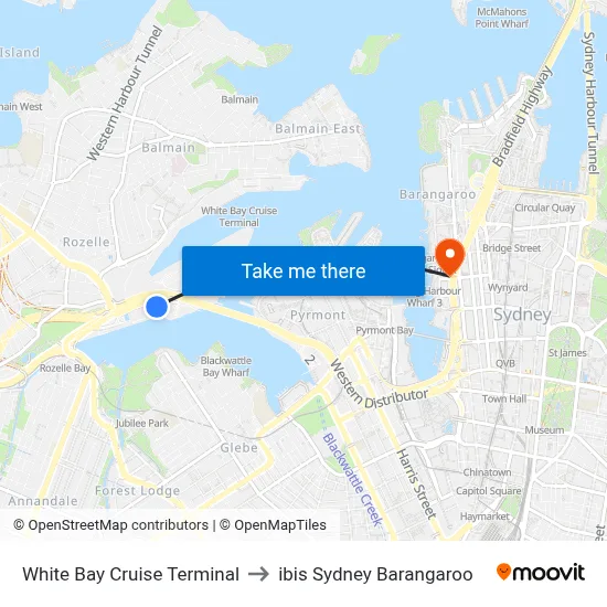 White Bay Cruise Terminal to ibis Sydney Barangaroo map