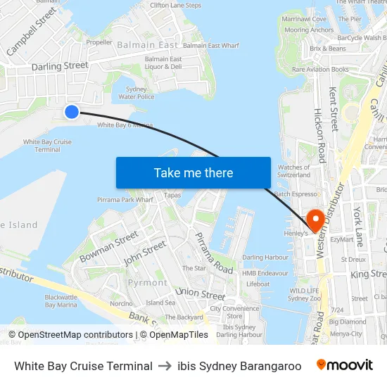 White Bay Cruise Terminal to ibis Sydney Barangaroo map