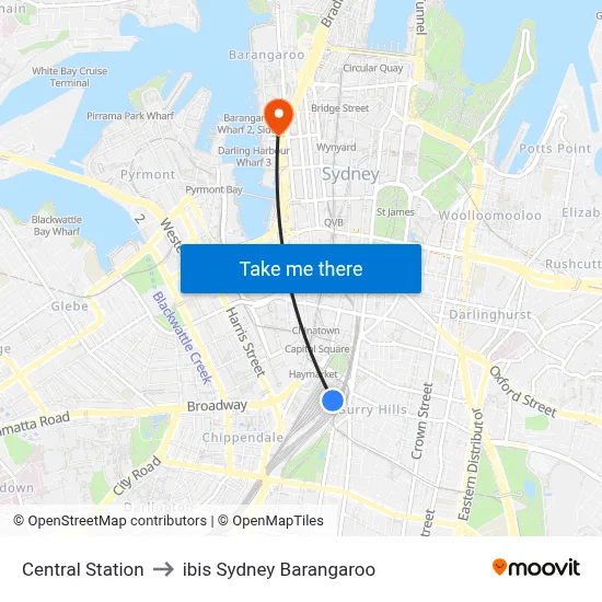 Central Station to ibis Sydney Barangaroo map