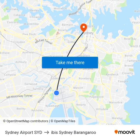 Sydney Airport SYD to ibis Sydney Barangaroo map