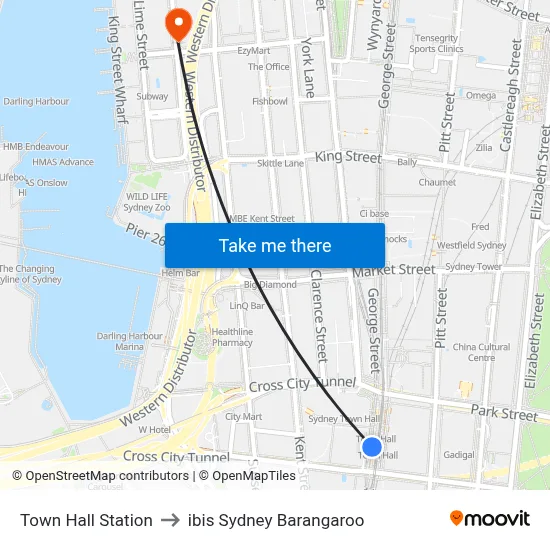 Town Hall Station to ibis Sydney Barangaroo map