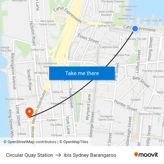 Circular Quay Station to ibis Sydney Barangaroo map