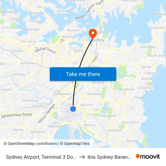Sydney Airport, Terminal 3 Domestic to ibis Sydney Barangaroo map