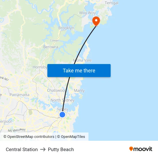 Central Station to Putty Beach map