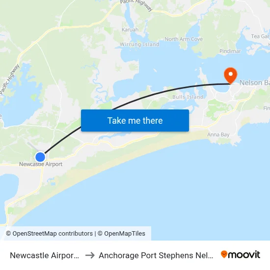 Newcastle Airport NTL to Anchorage Port Stephens Nelson Bay map