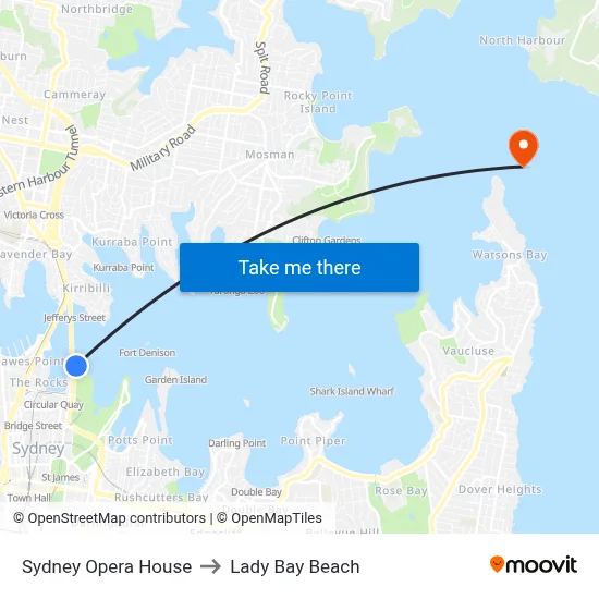Sydney Opera House to Lady Bay Beach map