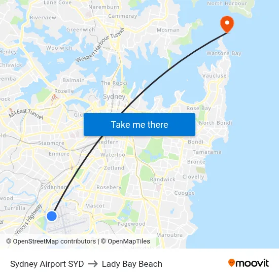 Sydney Airport SYD to Lady Bay Beach map