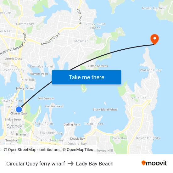 Circular Quay ferry wharf to Lady Bay Beach map