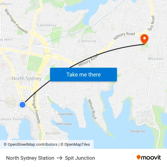 North Sydney Station to Spit Junction map