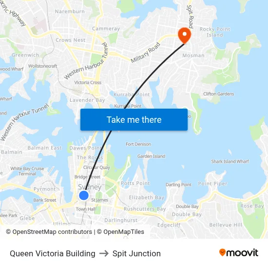 Queen Victoria Building to Spit Junction map