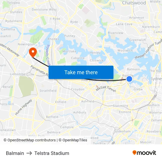 Balmain to Telstra Stadium map