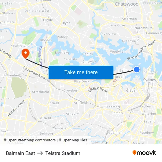 Balmain East to Telstra Stadium map