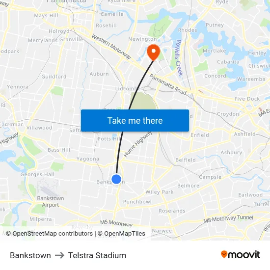 Bankstown to Telstra Stadium map