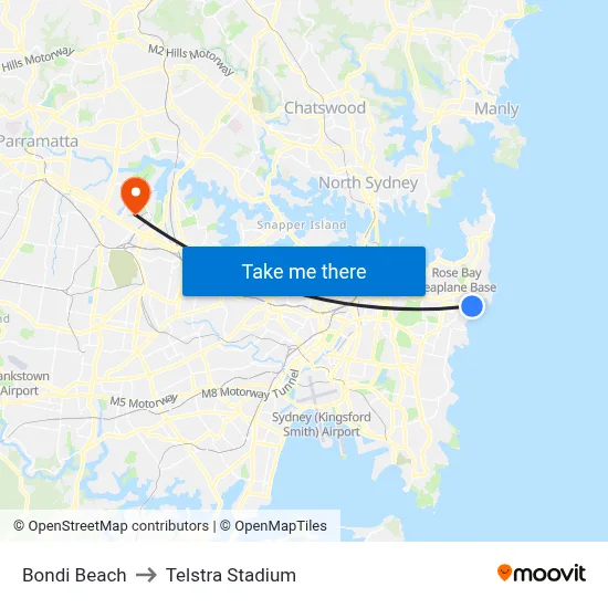 Bondi Beach to Telstra Stadium map