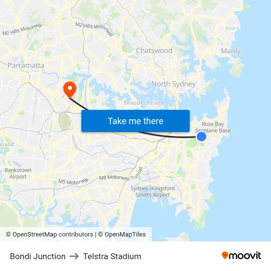 Bondi Junction to Telstra Stadium map