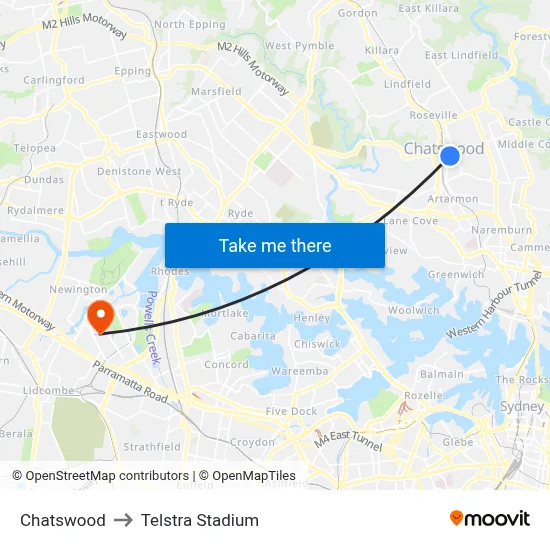 Chatswood to Telstra Stadium map
