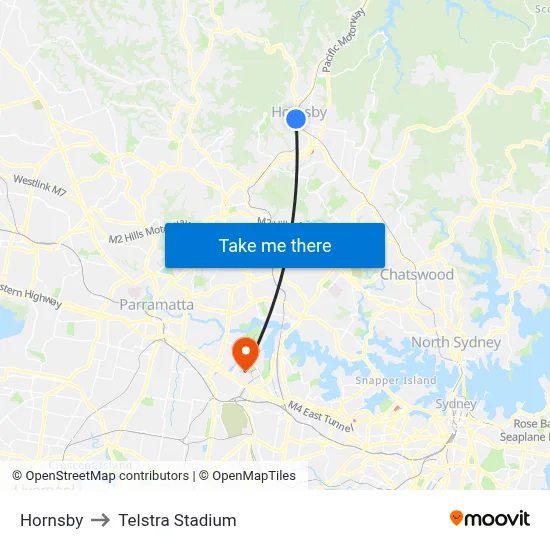 Hornsby to Telstra Stadium map