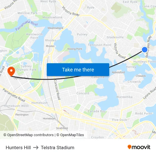 Hunters Hill to Telstra Stadium map