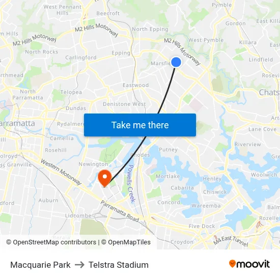 Macquarie Park to Telstra Stadium map