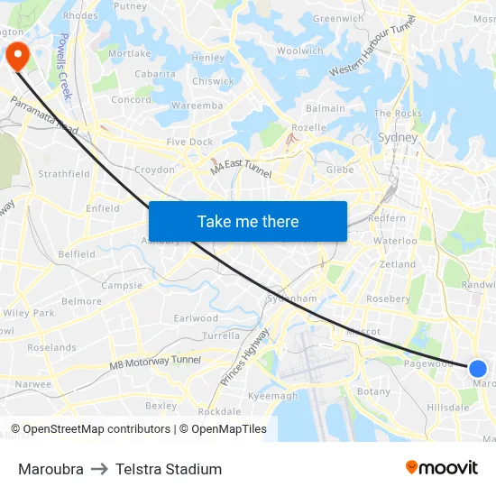 Maroubra to Telstra Stadium map
