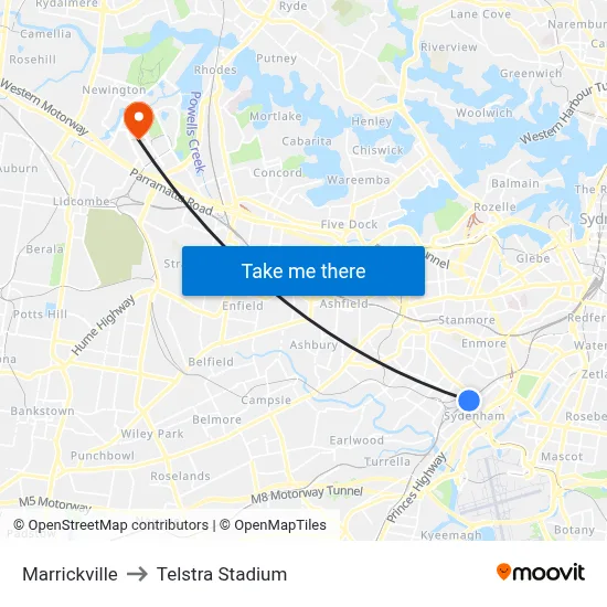 Marrickville to Telstra Stadium map