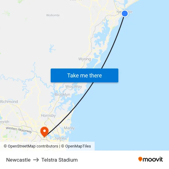 Newcastle to Telstra Stadium map