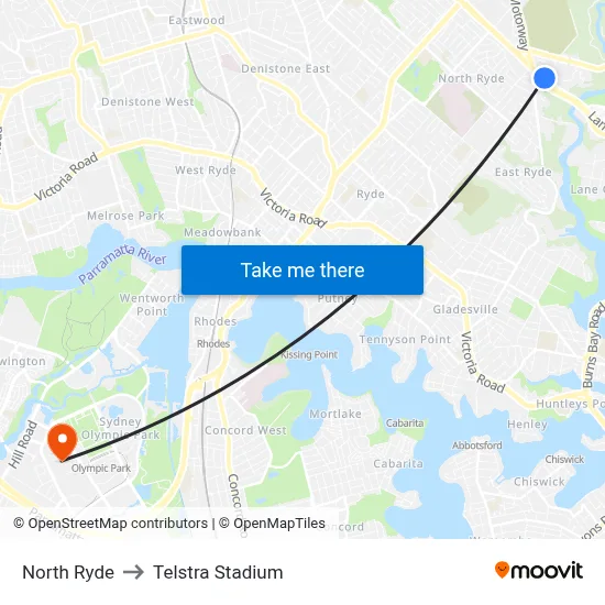 North Ryde to Telstra Stadium map