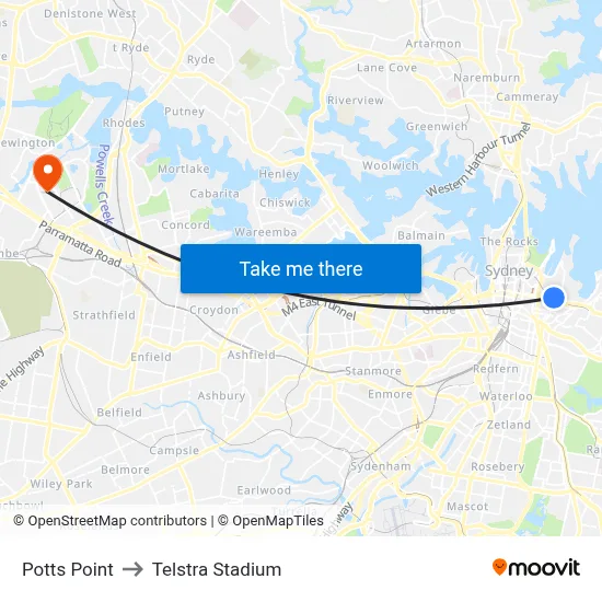 Potts Point to Telstra Stadium map