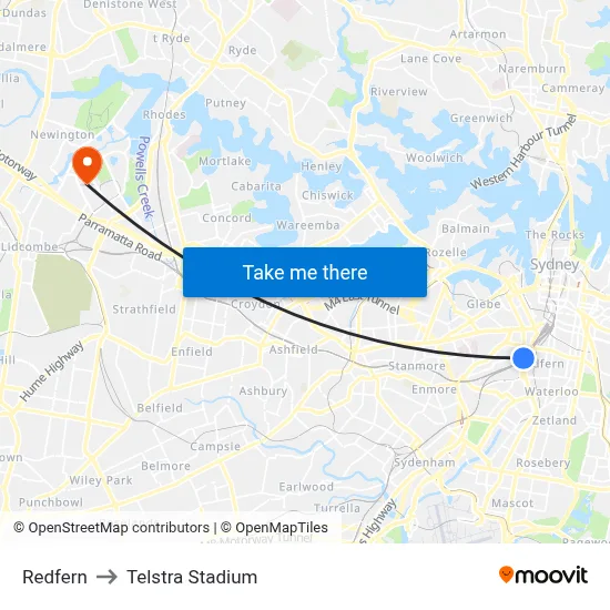 Redfern to Telstra Stadium map