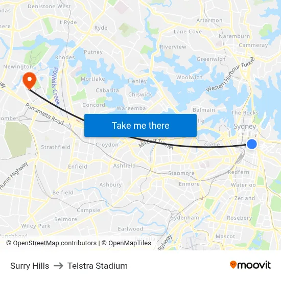 Surry Hills to Telstra Stadium map