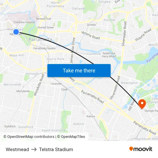 Westmead to Telstra Stadium map