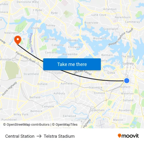 Central Station to Telstra Stadium map