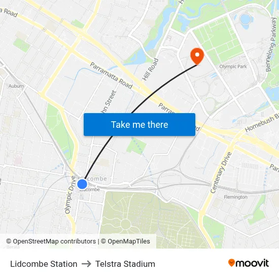 Lidcombe Station to Telstra Stadium map