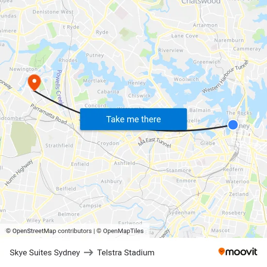 Skye Suites Sydney to Telstra Stadium map