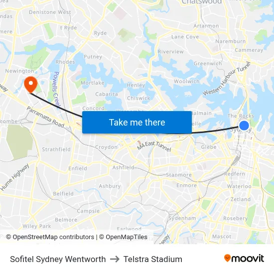 Sofitel Sydney Wentworth to Telstra Stadium map