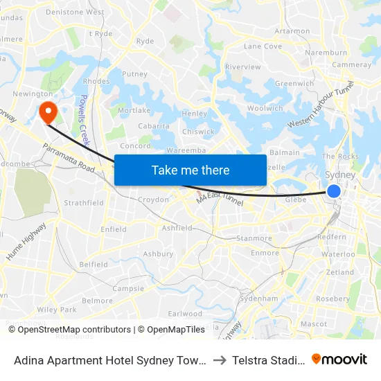 Adina Apartment Hotel Sydney Town Hall to Telstra Stadium map