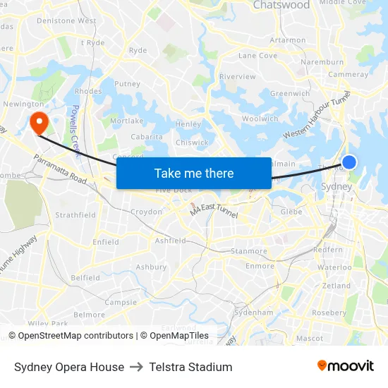 Sydney Opera House to Telstra Stadium map