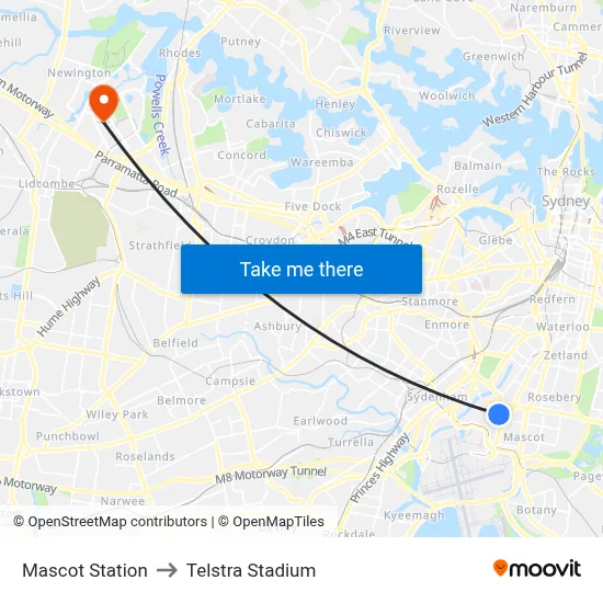 Mascot Station to Telstra Stadium map