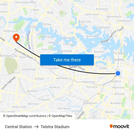Central Station to Telstra Stadium map