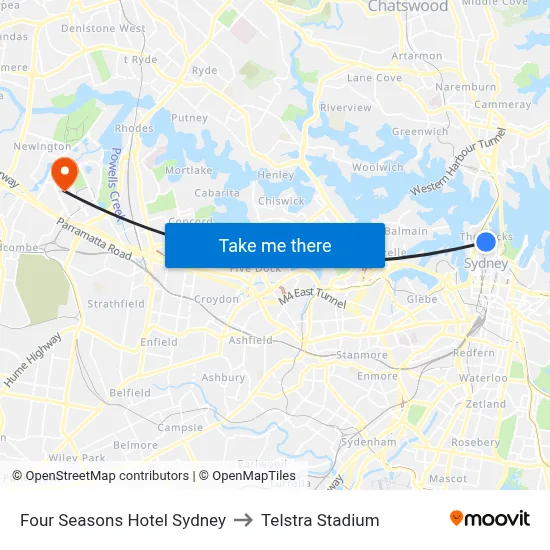 Four Seasons Hotel Sydney to Telstra Stadium map