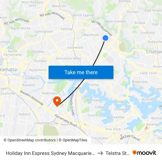 Holiday Inn Express Sydney Macquarie Park an IHG Hotel to Telstra Stadium map