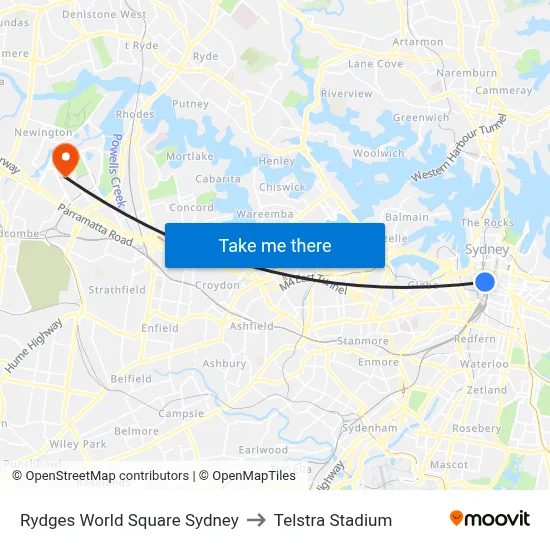 Rydges World Square Sydney to Telstra Stadium map