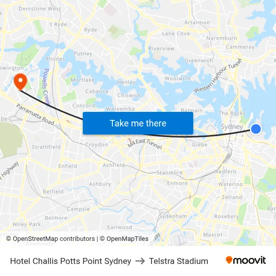 Hotel Challis Potts Point Sydney to Telstra Stadium map