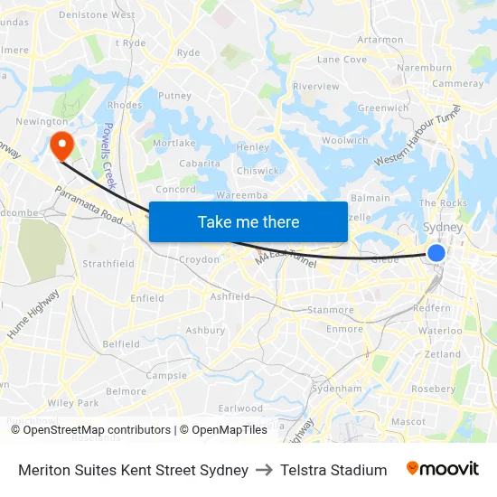 Meriton Suites Kent Street Sydney to Telstra Stadium map
