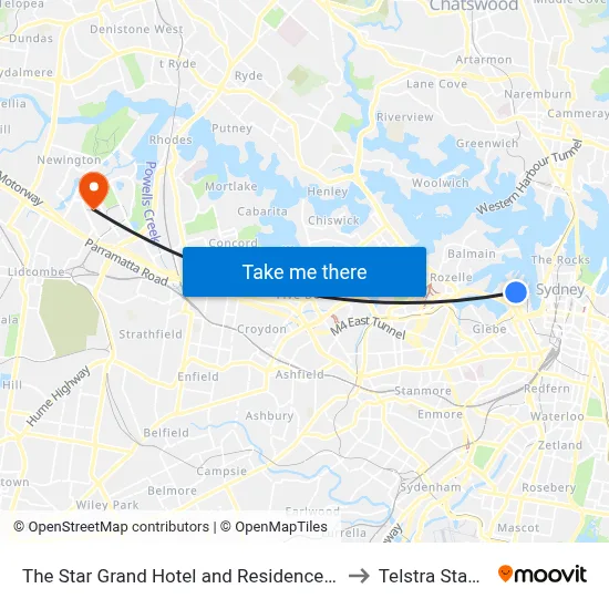 The Star Grand Hotel and Residences Sydney to Telstra Stadium map