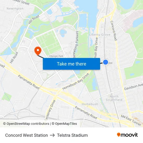 Concord West Station to Telstra Stadium map