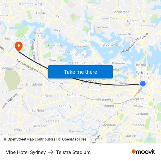 Vibe Hotel Sydney to Telstra Stadium map