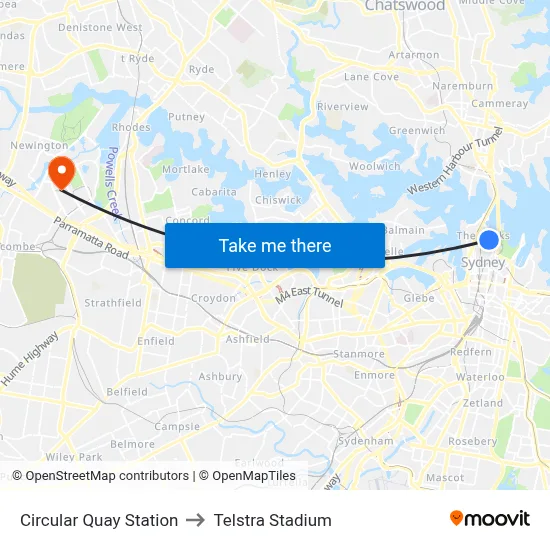 Circular Quay Station to Telstra Stadium map